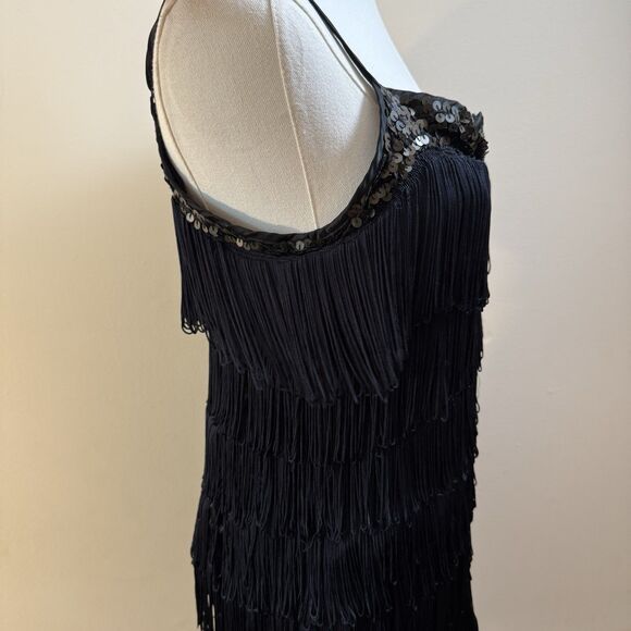 Vintage Forever 21 All Over Fringe + Sequin Mini Dress Black Size M - Picture 7 of 8